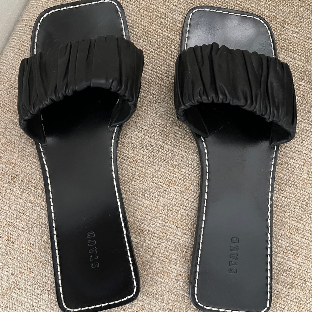 STAUD Black Slide Sandals with Ruched Strap